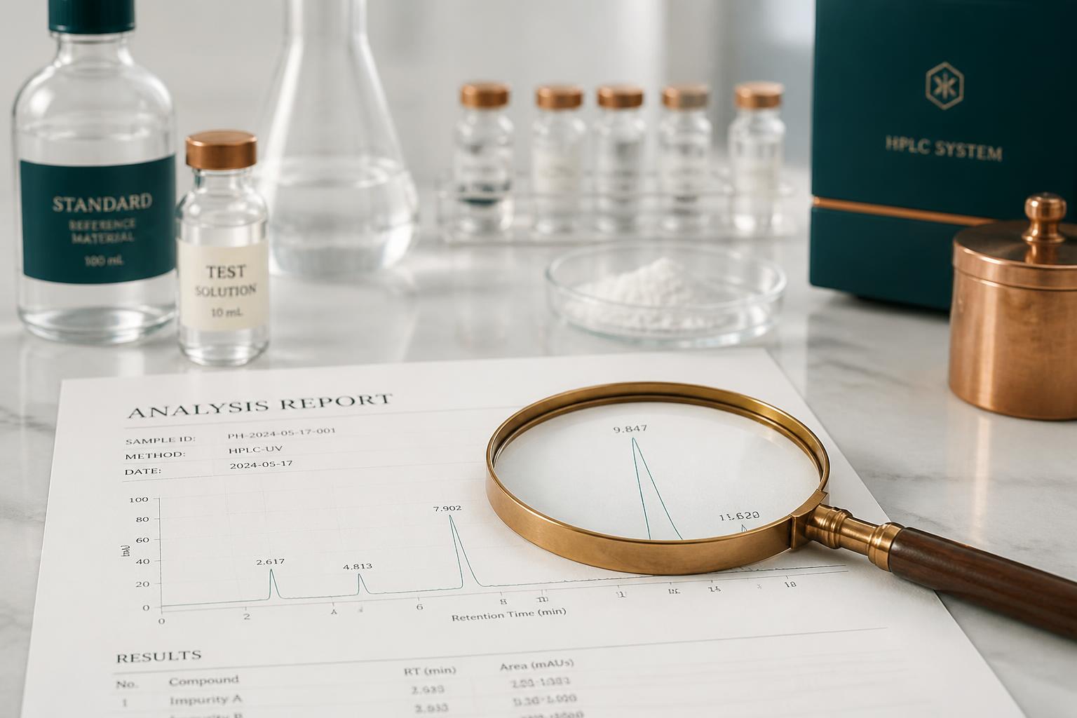 Laudo com gráfico de espectrometria, lupa e equipamentos de laboratório farmacêutico